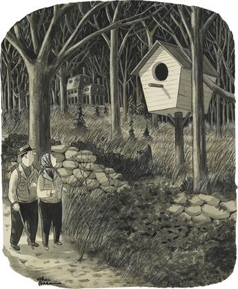 (THE NEW YORKER.) CHARLES ADDAMS. Couple passing a giant bird house.
